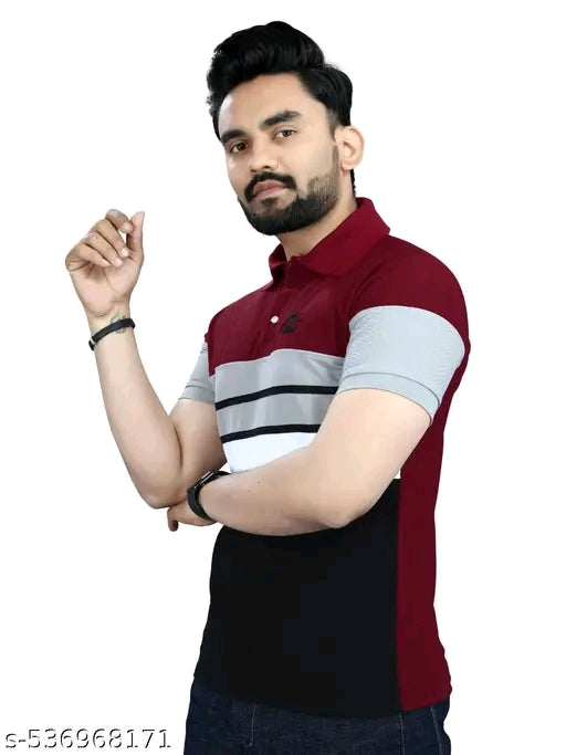 Trending Men Striped Polo Neck Polycotton Maroon T-Shirt