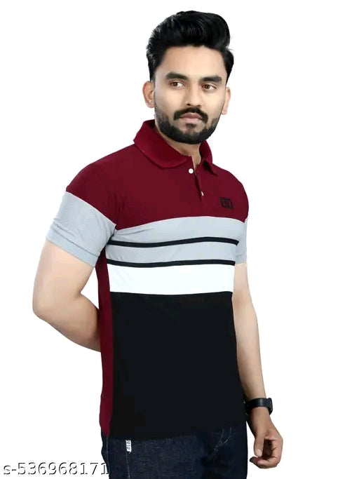 Trending Men Striped Polo Neck Polycotton Maroon T-Shirt