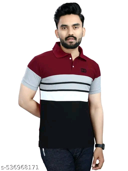 Trending Men Striped Polo Neck Polycotton Maroon T-Shirt