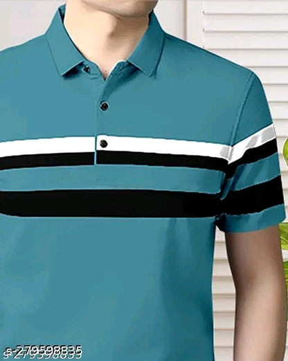 GESPO Men's Horizontal Stripes Polo Teal Tshirts