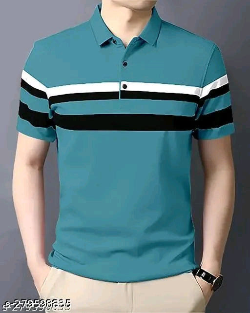 GESPO Men's Horizontal Stripes Polo Teal Tshirts